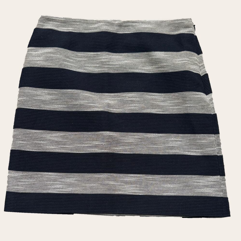 LOFT Ann Taylor Navy Cream Lined Striped Textured Mini Pencil Skirt Size 2